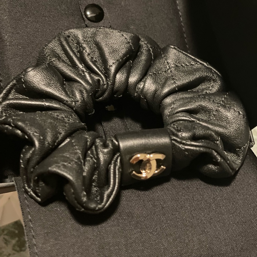 AUTHENTIC Chanel black leather & gold CC scrunchie